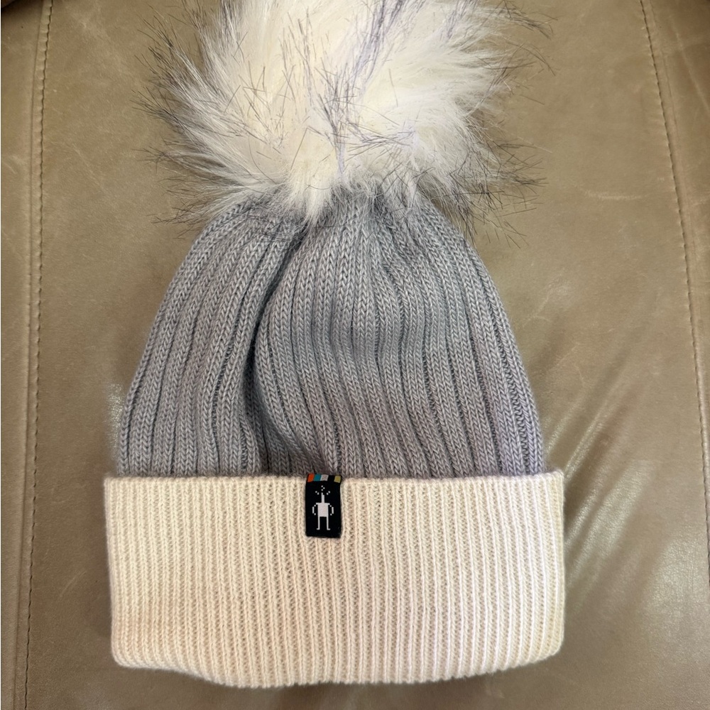 Smartwool Gray and Cream Beanie with Pom Pom